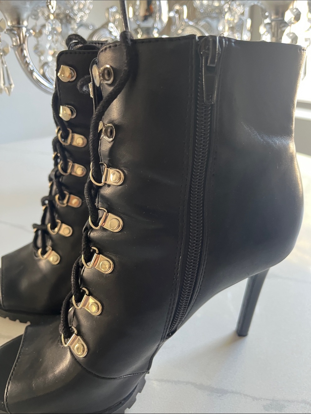 Black Lace-Up Peep Toe Heeled Booties